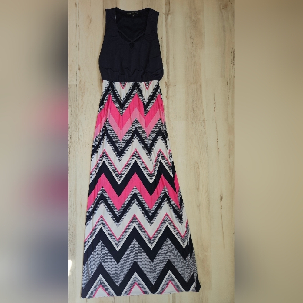 Three Pink Hearts Chevron Maxi Dress Navy Pink Boho Strappy Tank Empire Waist XS - Picture 2 of 12